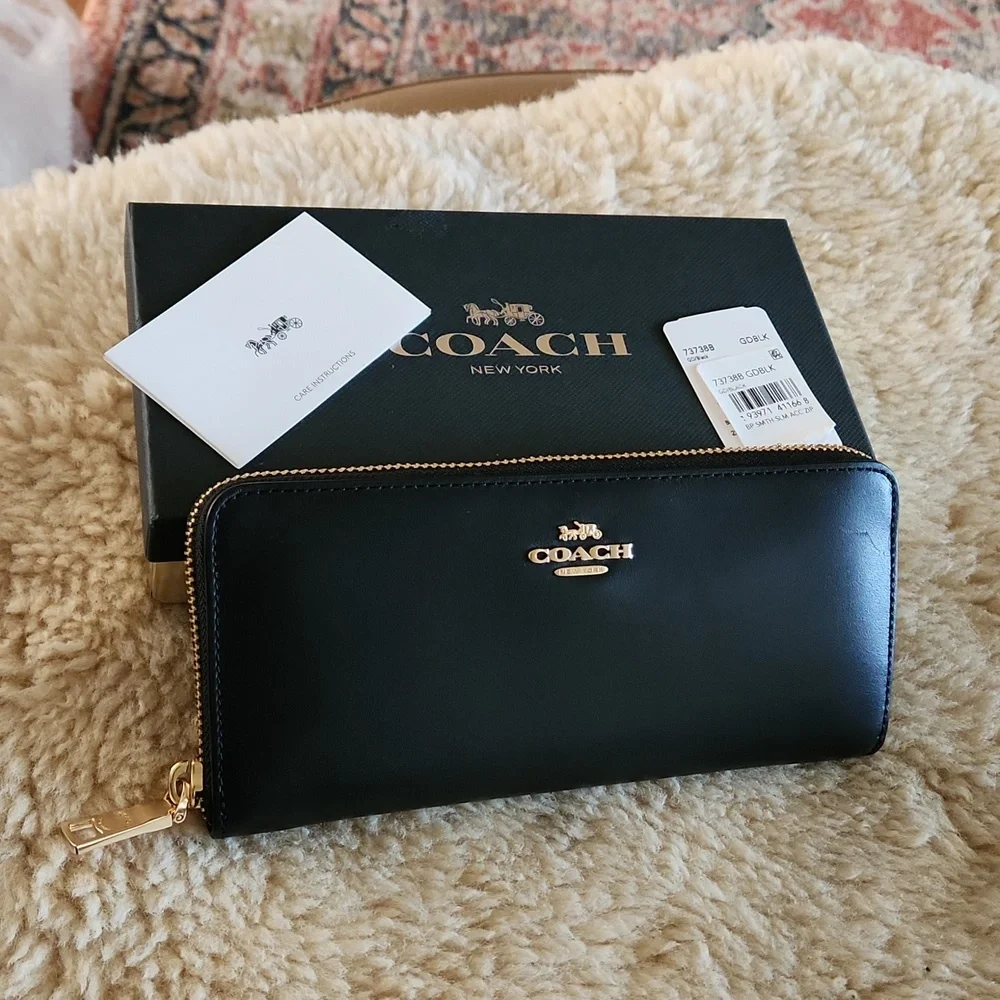 NWT IOB Coach Black Smooth Leather Slim Accordian Zippered Wallet 🖤💛🎁 - Picture 13 of 16